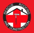 Rescue Roofing Logo includes a house, with a hammer in the center on top of a red cross.